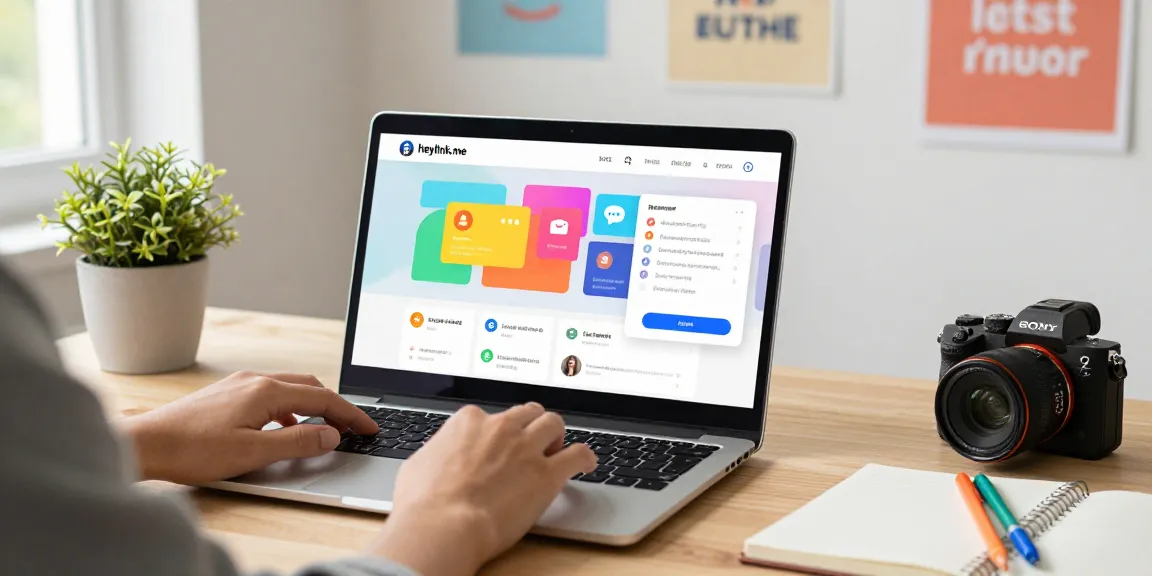 Pengguna membuat profil Heylink.me pribadi dengan antarmuka interaktif GEGESLOT di laptop di ruang kerja yang cerah.