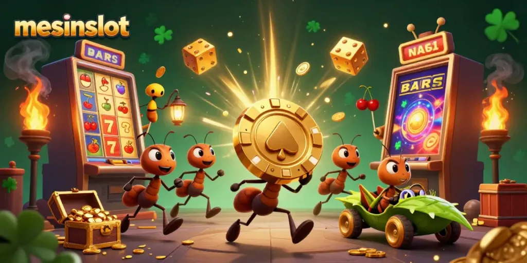 Experience the adventure of mesinslot as cartoon ants steal a giant poker chip amid exploding slot machines and treasures.