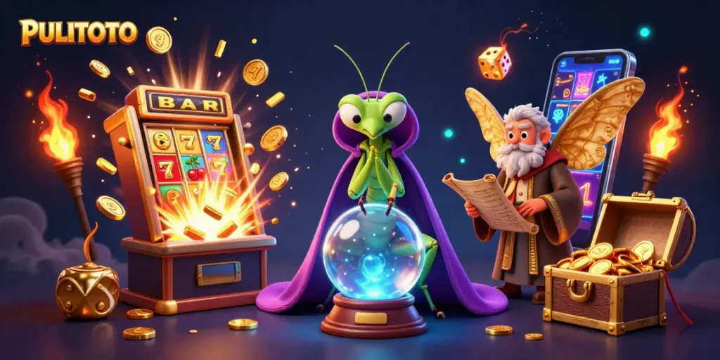 PULITOTO brings fortune with a mystical scene of fortune tellers and exciting casino elements.