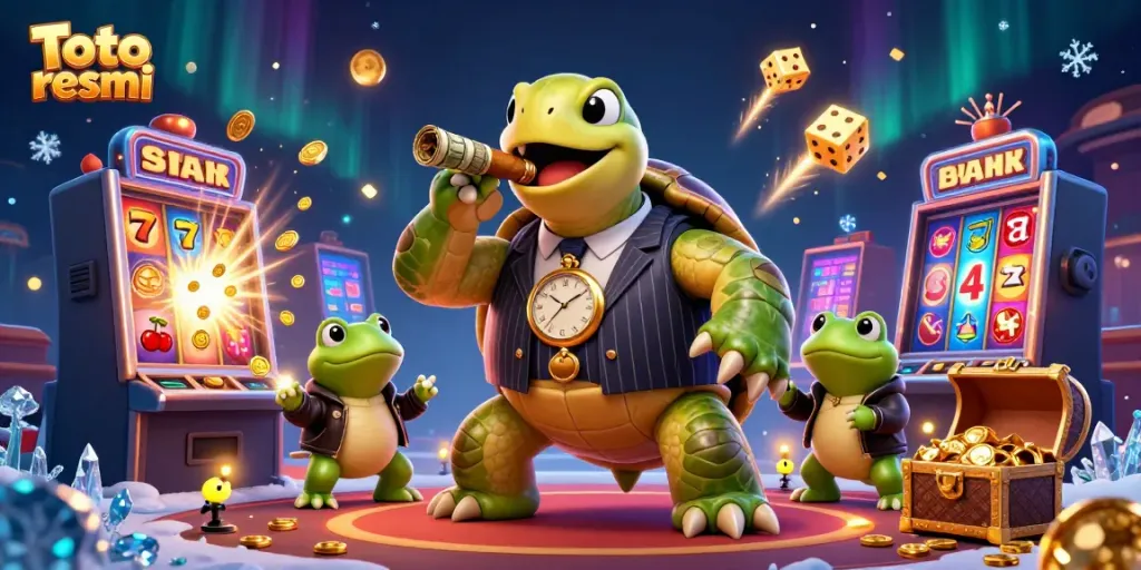 Win big at Toto resmi with an exciting casino scene featuring a charming mobster turtle and winning symbols.