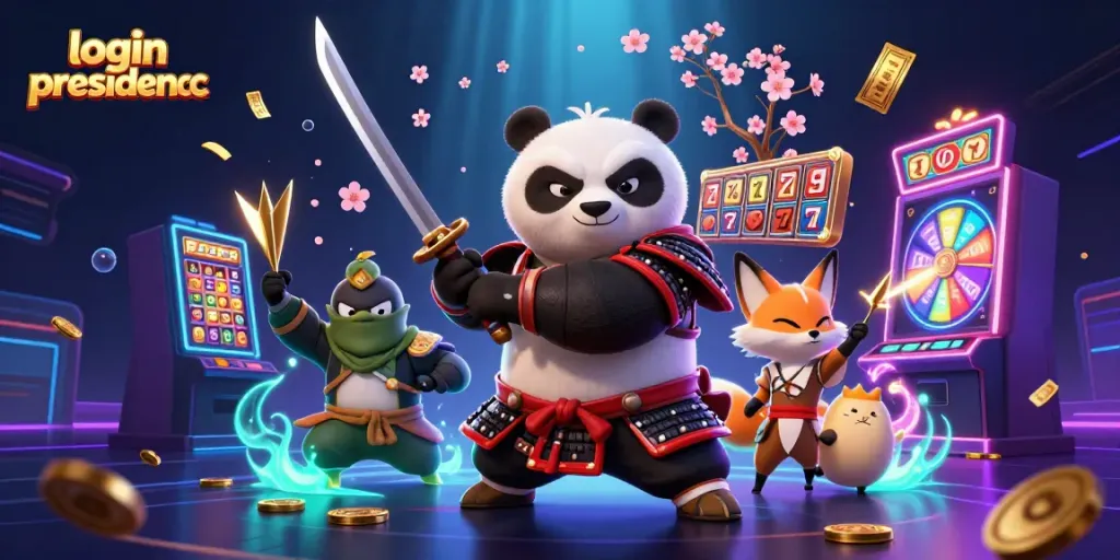 Engage in thrilling fun at login presidencc with a dynamic casino scene featuring a samurai panda and vibrant slot elements.