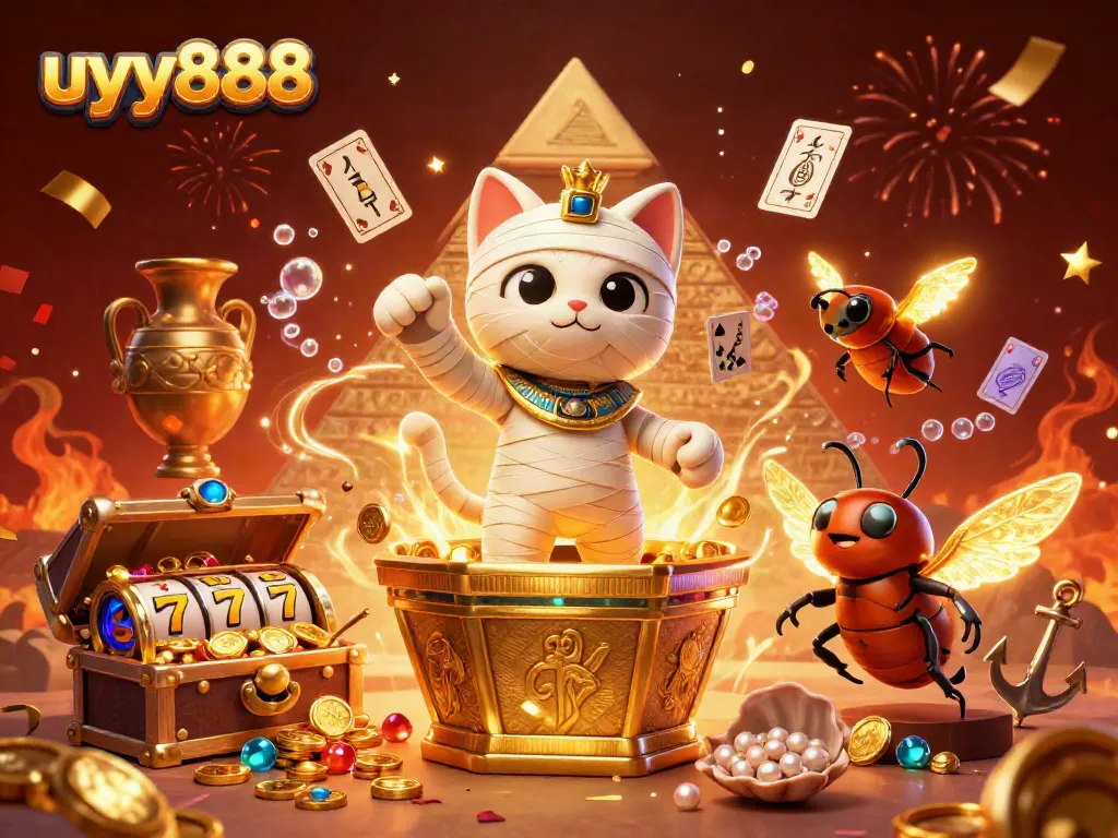 Experience the vibrant excitement of uyy888 with a 3D mummy cat and treasure in a dynamic casino scene.
