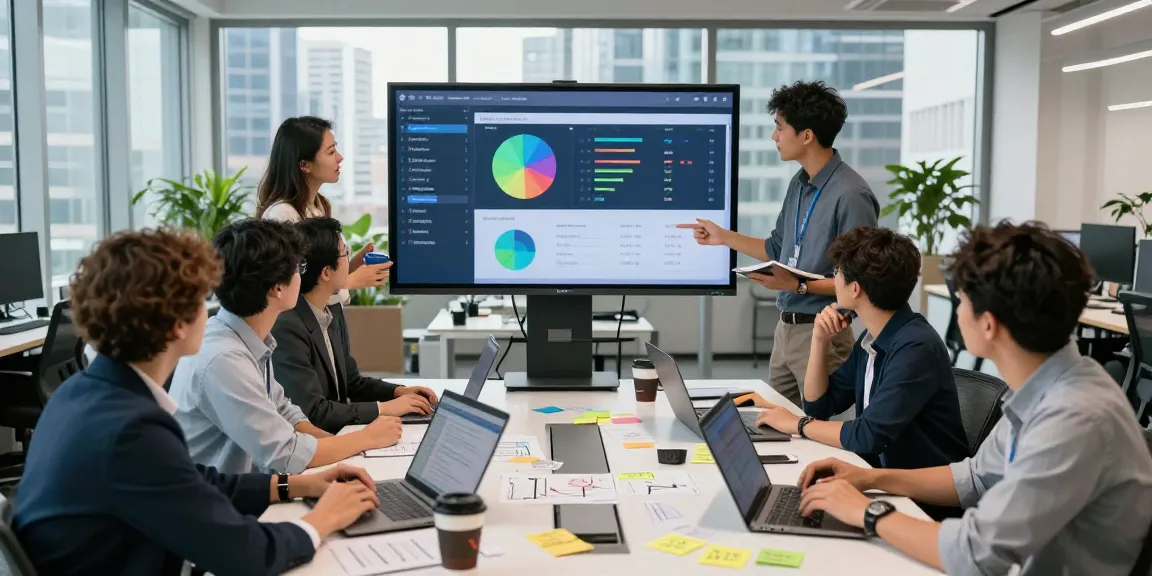 SEO automation metrics in a digital marketing team meeting at a modern office.