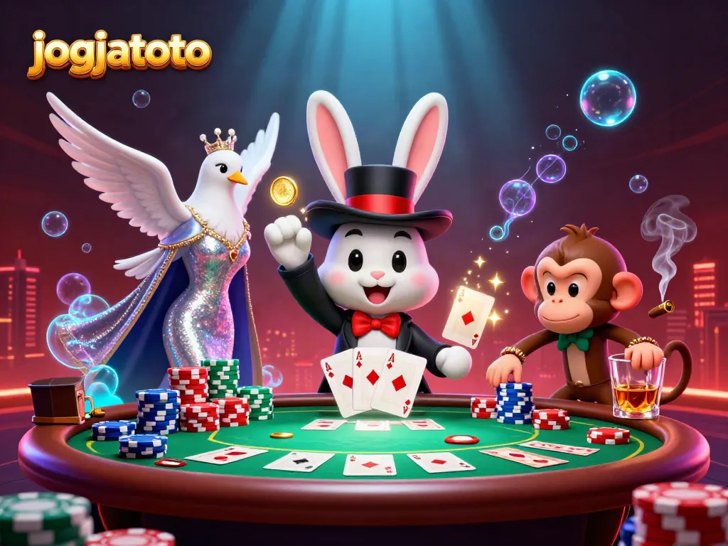 Experience the magic of jogjatoto with a whimsical illustration of a rabbit, dove, and monkey at a vibrant poker table.