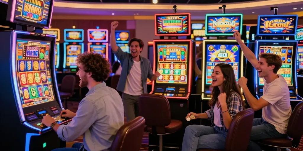 Suasana kasino yang ramai dengan pemain toto slot merayakan kemenangan di mesin slot berwarna-warni.