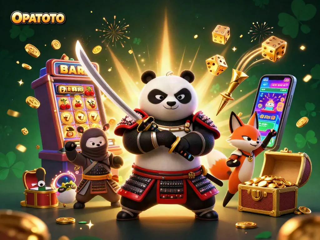 Experience the excitement of OPPATOTO with vibrant 3D samurai panda and thrilling casino elements.