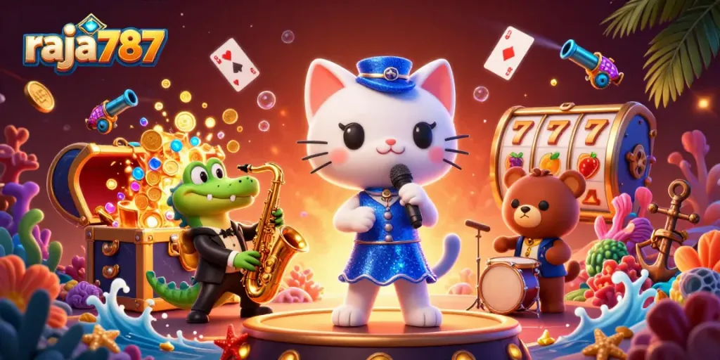 Raja787 menampilkan kucing penyanyi jazz dan teman-teman bermain di kasino dengan banyak koin dan harta karun