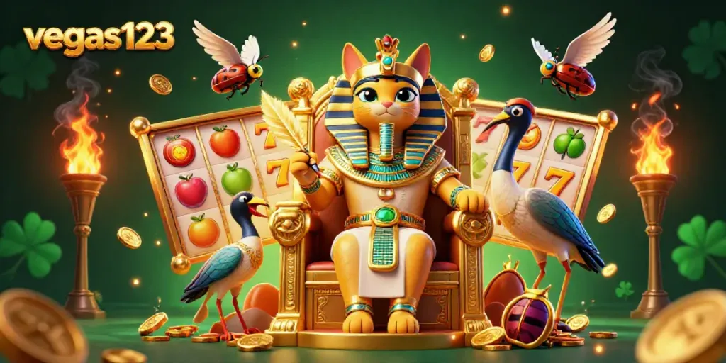 Vegas123 menarik perhatian dalam gambar menggambarkan raja Mesir kucing dan elemen slot yang menyenangkan.