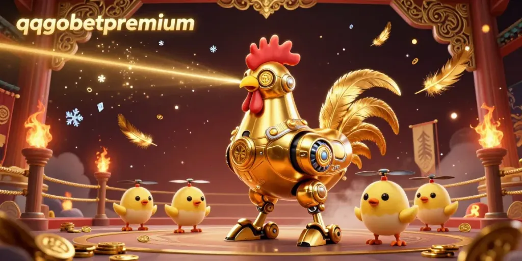 Engage with excitement at qqgobetpremium's gaming arena featuring golden rooster robot and baby chick drones.