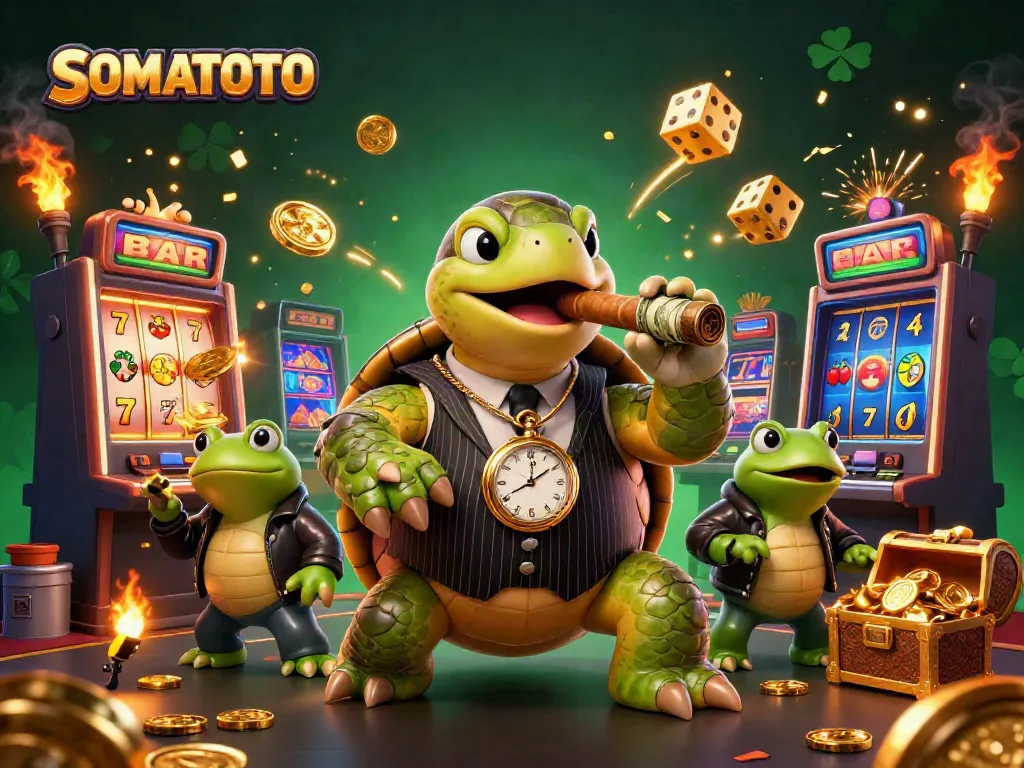 Experience slots action at SOMATOTO with a lively turtle mobster and bullfrog enforcers in a vibrant 3D casino scene.