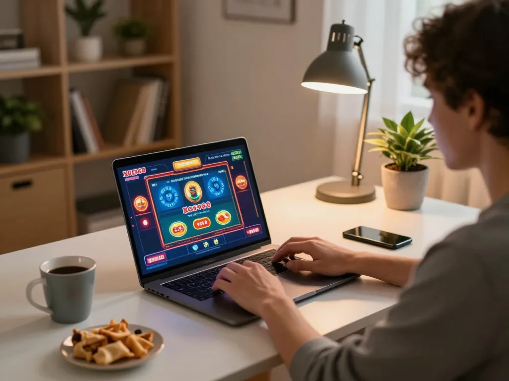 Xoso66 đăng nhập on a laptop screen while a player enjoys a cozy home gaming setup, showcasing online gambling.