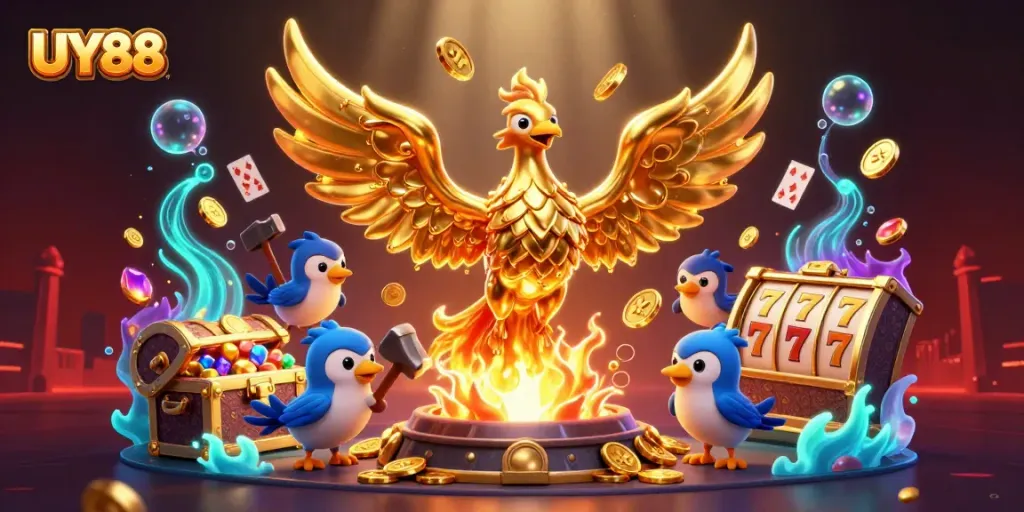 Experience the thrill of UY88 with a dynamic 3D phoenix, symbolizing excitement and winnings.