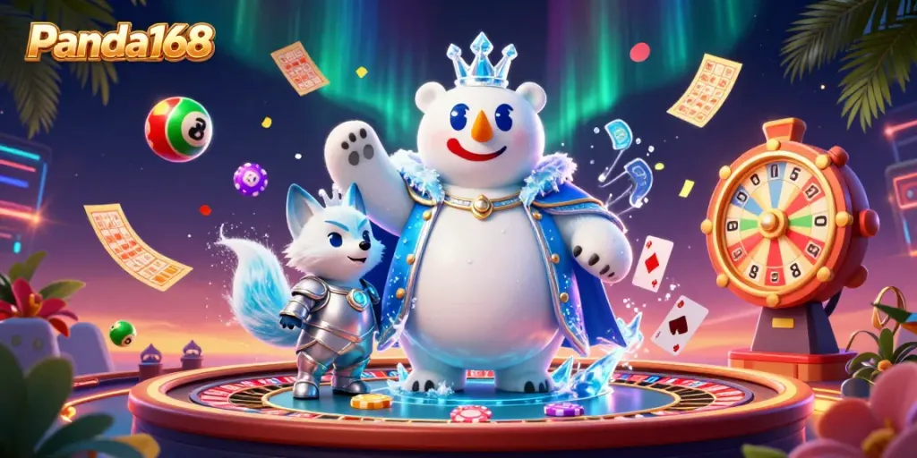 Panda168 mempersembahkan ilustrasi kasino dengan beruang kutub raja, rubah salju, dan elemen permainan.