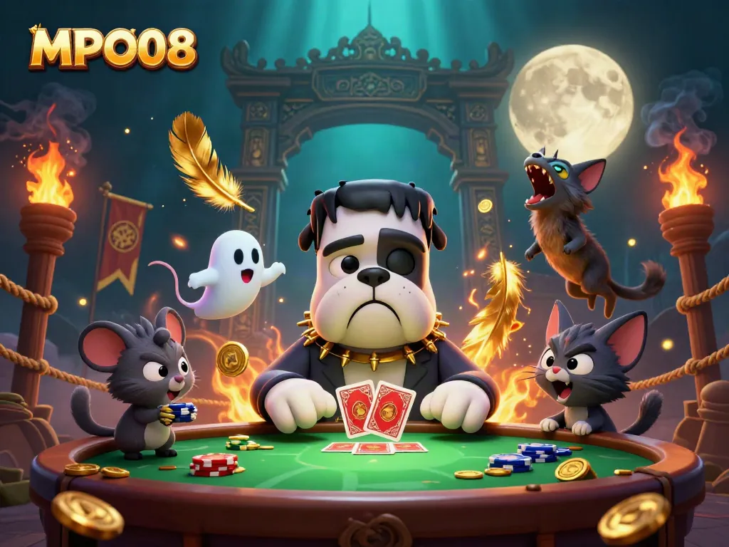 MPO08 showcases a spooky casino scene with a Frankenstein bulldog monster and ghost mouse.
