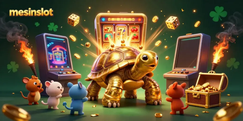 Experience the thrill of mesinslot gaming with a vibrant, dynamic illustration showcasing a colossal tortoise and exploding slots.