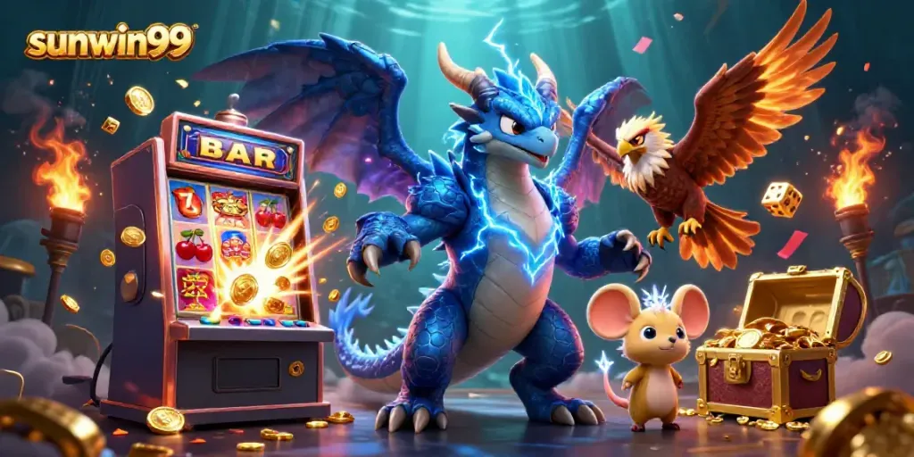Experience the thrill of sunwin99 with our electric casino illustration showcasing vibrant characters and dynamic gaming elements.