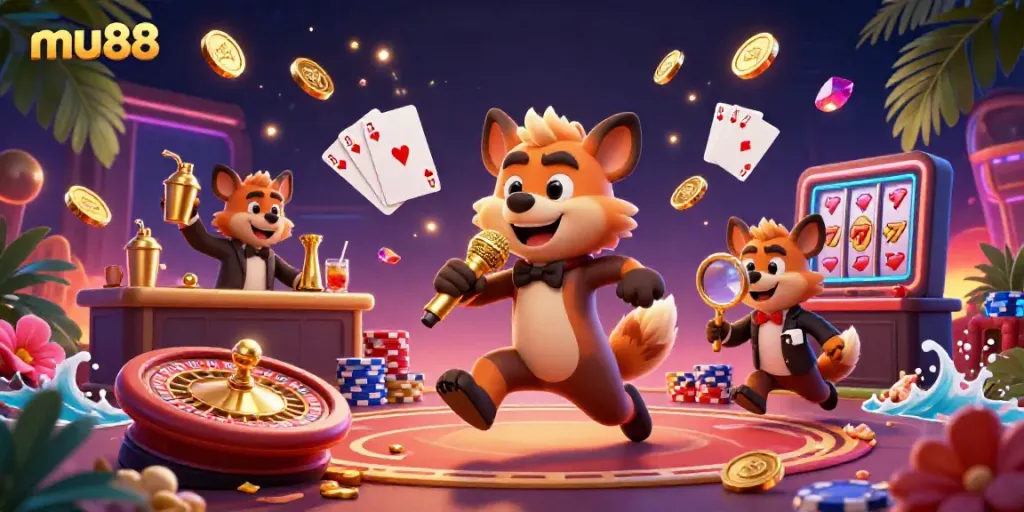 Experience mu88's vibrant comedy casino scene with hyenas, golden coins, and spinning roulette.