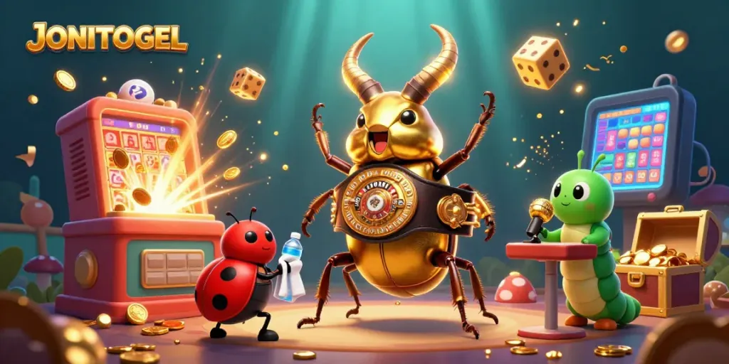 Engage with JONITOGEL's thrilling lottery features showcasing dynamic characters and jackpot elements.