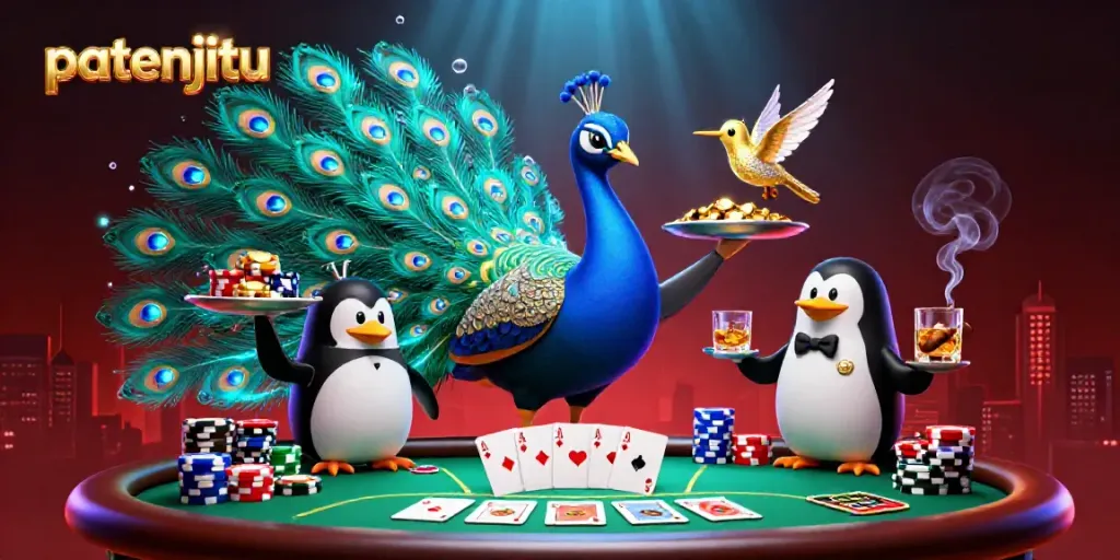 Patenjitu menyajikan pengalaman permainan kasino mewah dengan ilustrasi burung merak berkilauan dan dealer penguin.