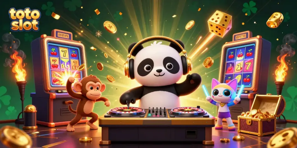 Meriahkan permainan toto slot dengan DJ panda, monyet penari, dan kucing bergaya rave yang dikelilingi mesin slot dan koin keceriaan.