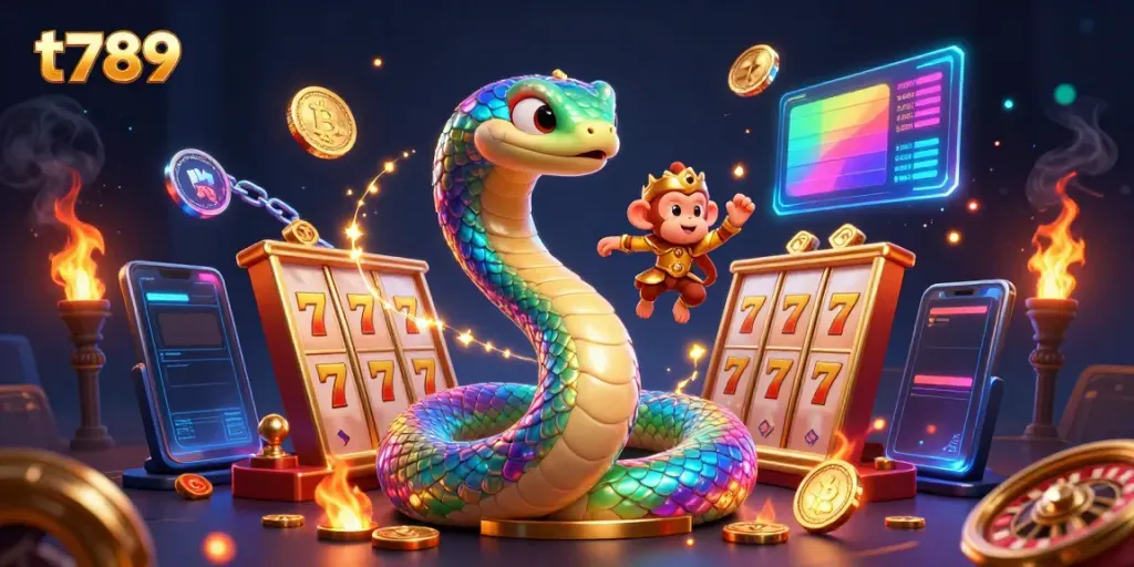 T789 offers an exciting gaming experience, featuring vibrant elements like a rainbow serpent and golden jackpots.