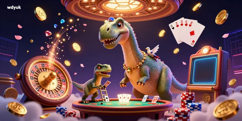 Experience the thrill of wdyuk casino with a playful brontosaurus overseeing a colorful poker table.