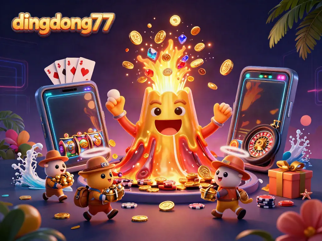Experience the exhilarating world of dingdong77 with golden volcanos and gaming treasures in a vibrant scene.