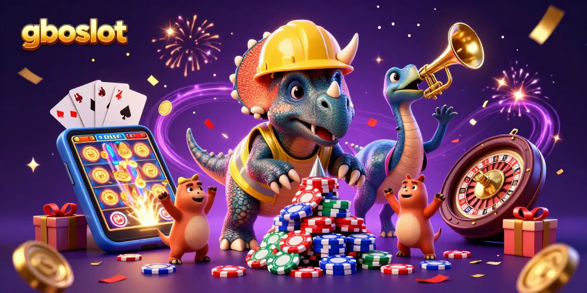 gboslot menampilkan triceratops membangun tumpukan chip poker dengan semarak confetti dan elemen permainan