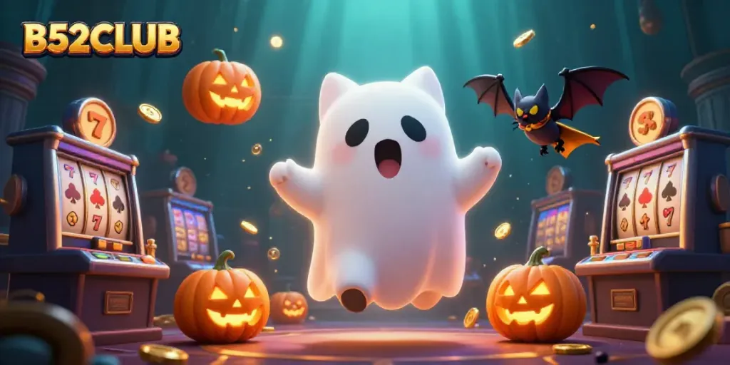 Experience the excitement of B52CLUB with a ghost cat and vampire bat in a vibrant casino scene.