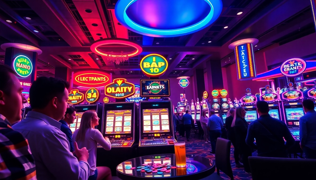 Menangkan jackpot pada slot mesin di kasino yang ramai dengan lampu neon.