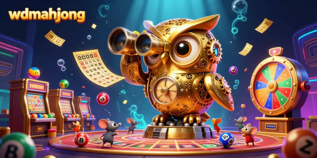 Engage with wdmahjong's casino experience featuring a clockwork owl amidst colorful lottery elements.