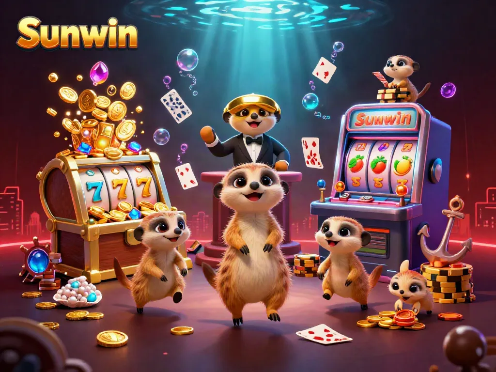 Experience excitement at Sunwin with meerkats running a vibrant casino operation in an underwater scene.
