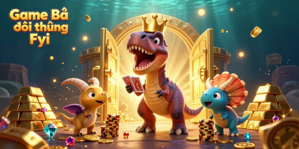 Game Bài Đổi Thưởng Fyi showcases a fun T-Rex shuffling cards and a triceratops stacking chips in a vibrant casino scene.