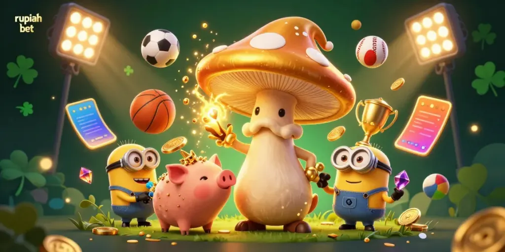 Experience the thrill of sports betting with rupiah bet highlighted in a magical scene filled with treasures and dynamic elements.
