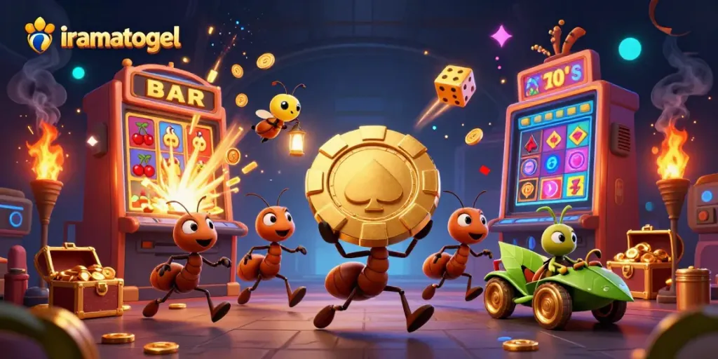 Engage with iramatogel's exciting gameplay featuring adorable ants on a heist with vibrant casino elements.