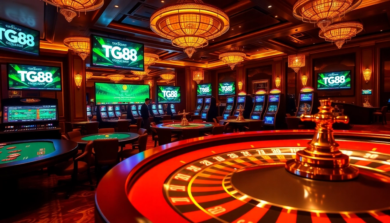 Exciting gaming scene featuring TG88 đăng nhập interface with roulette wheels and poker tables.