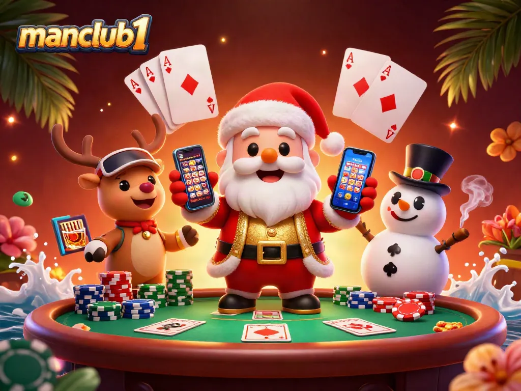 Join manclub1's exciting gaming experience in a vibrant casino illustration with Santa and friends!