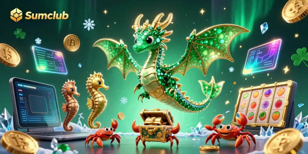 Experience the thrill of Sumclub with an extravagant 3D casino illustration showcasing dragons and treasures.