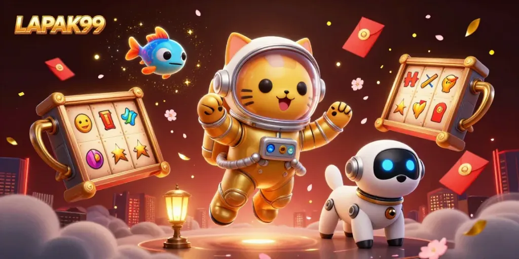 LAPAK99 translates excitement as a space astronaut cat plays slots with a robot dog, showcasing thrilling casino elements.