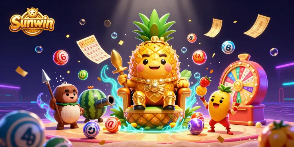 Engaging Sunwin gaming scene featuring a vibrant 3D pineapple king with casino icons and lottery elements.