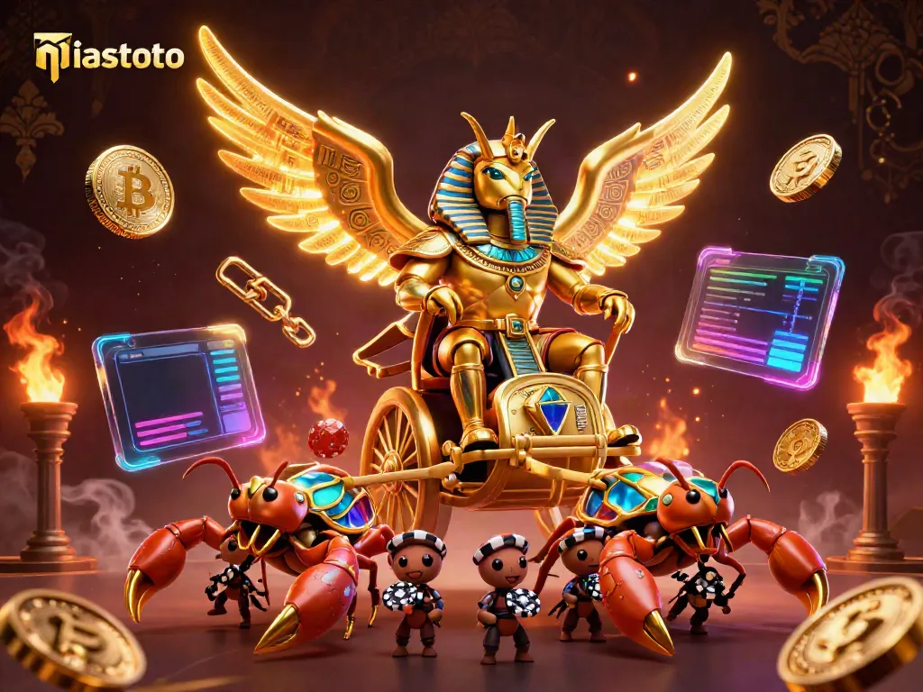 Gambarkan permainan di niastoto dengan kipas tangan, chip poker, dan bug emas di arena kasino.