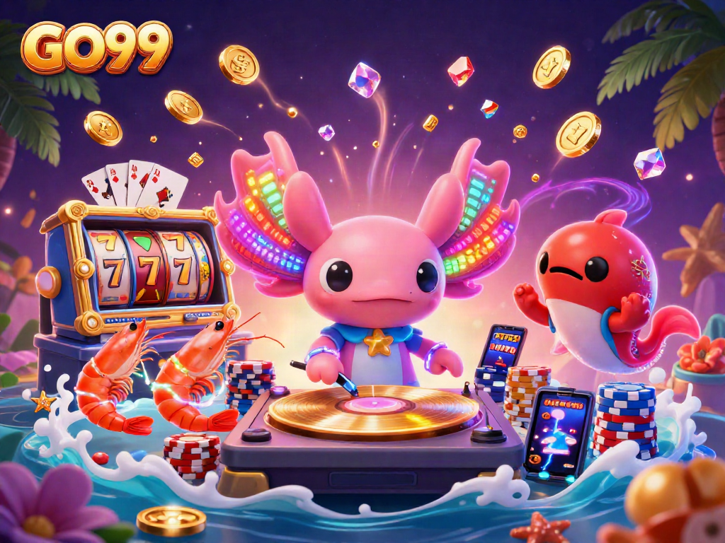 GO99 featuring a vibrant scene with an axolotl DJ and lively casino elements showcasing jackpot wins.