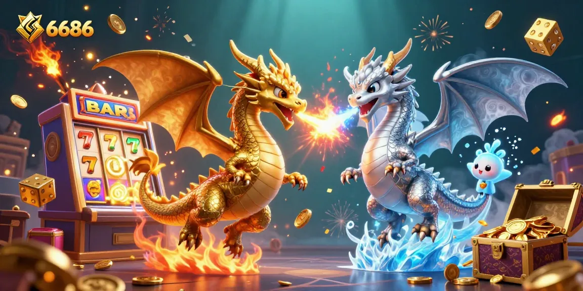 Experience the thrill of 6686 with vibrant dragons, slot machines, and dynamic casino elements in this 3D illustration.