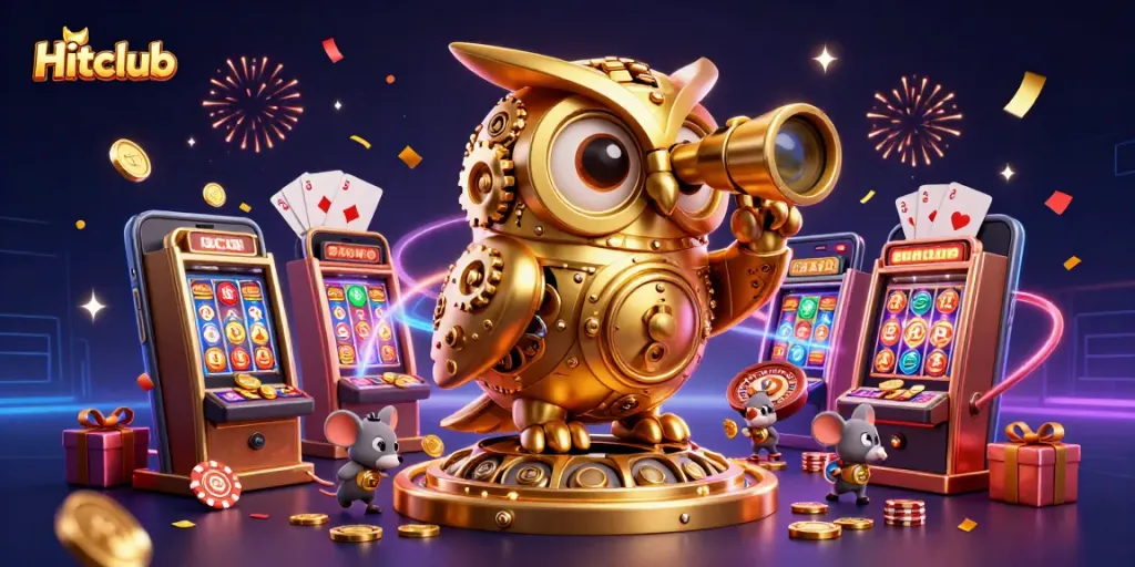 Hitclub showcases vibrant gaming action with a 3D golden owl, slot machines, and festive elements.