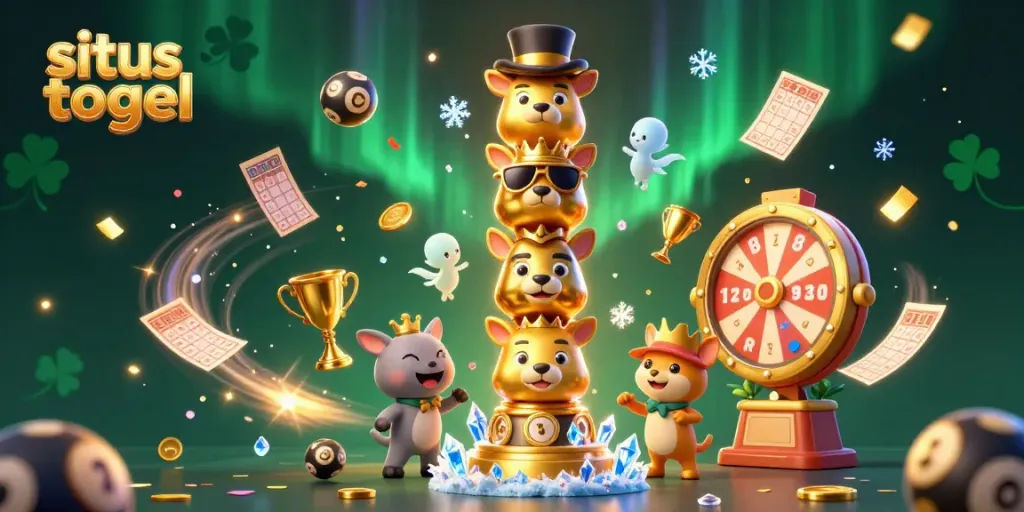 Experience the excitement of situs togel with a vibrant depiction of lottery games, totems, and festive elements.