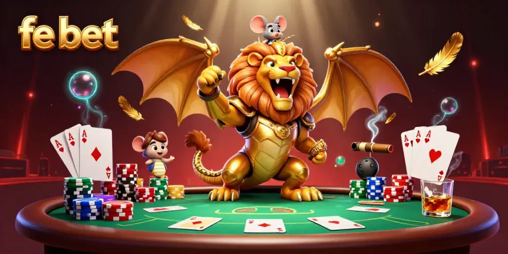 Engage with fe bet's dynamic casino illustration featuring a chimera and poker elements.