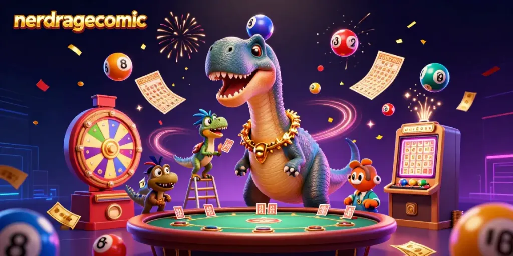 Gambar nerdragecomic di kasino dengan dinosaurus dan permainan kartu yang menyenangkan.