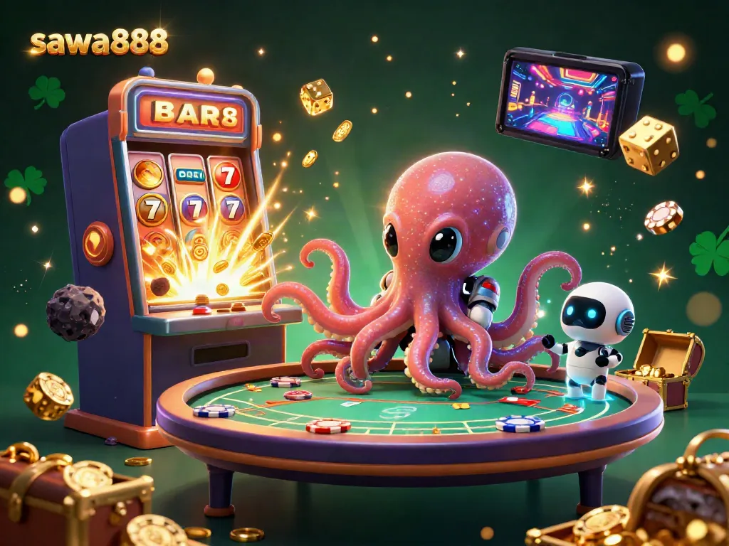 Experience thrilling casino excitement with sawa888 as an alien octopus operates a poker table, surrounded by dynamic gaming elements.