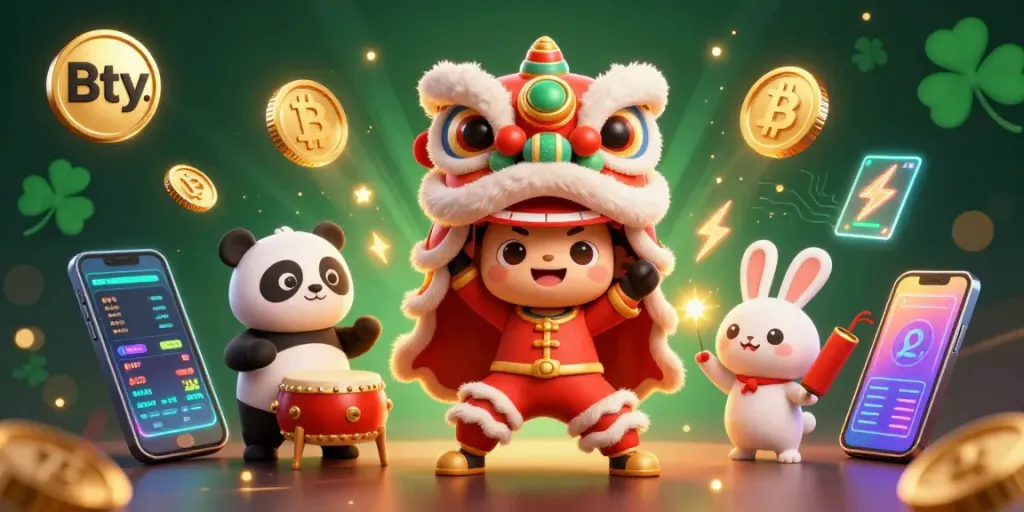 Bty transforms the casino scene with a lively lion dance and dual-character performance amidst glowing cryptocurrency coins.
