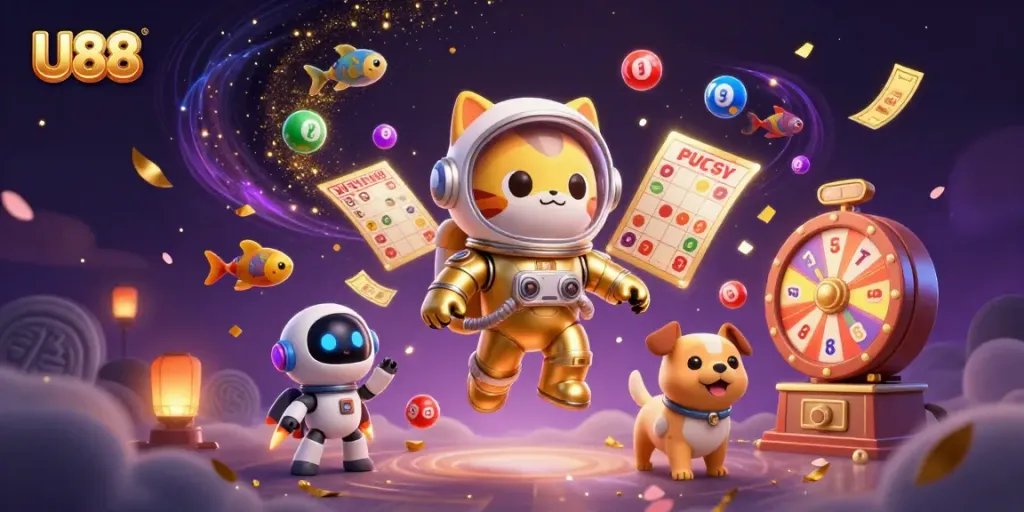Engage in thrilling U88 gaming action with a vibrant cosmic theme featuring space astronaut cat and robot dog.